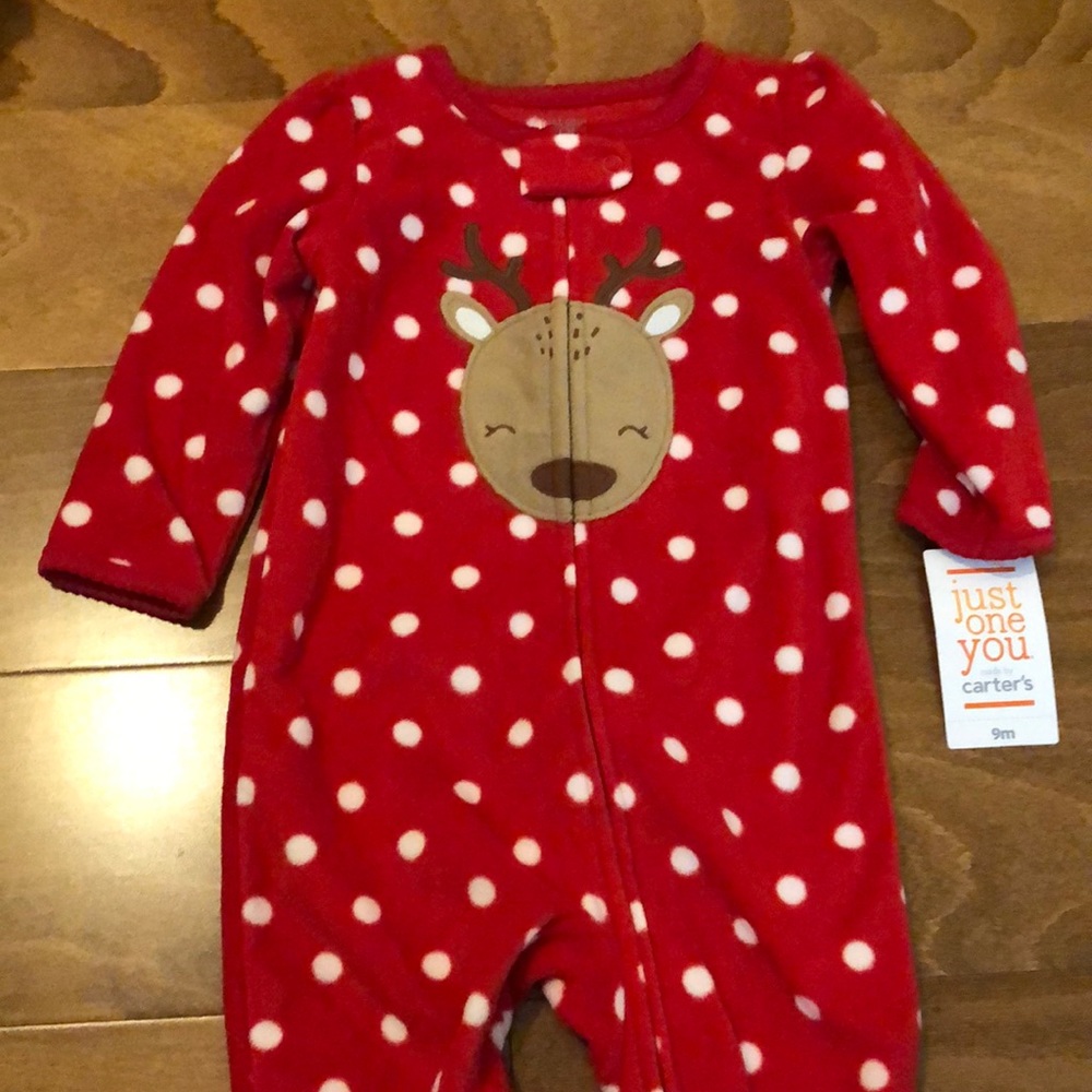 NWT 9m reindeer polka dot footie zip up